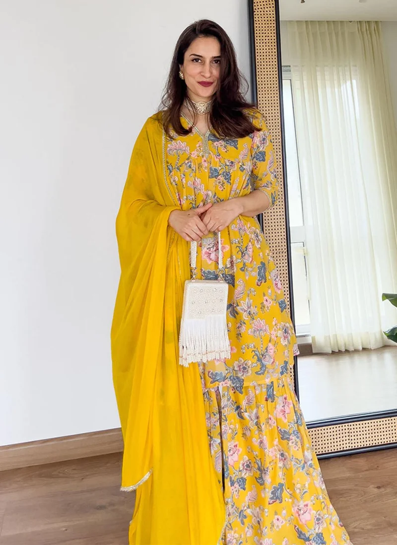 ZERESOUQ Yellow Georgette Digital Floral Printed Sharara Set